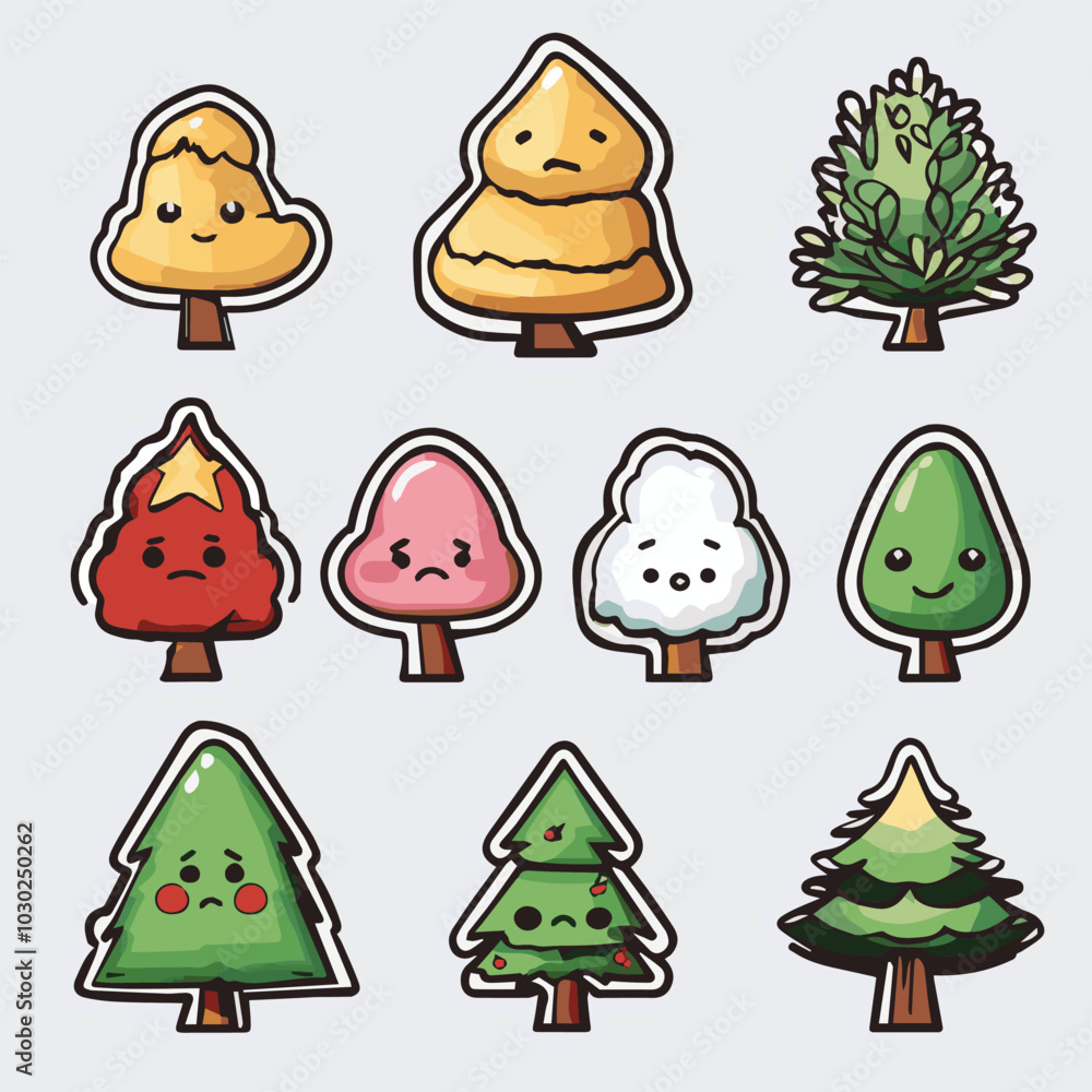 Fototapeta premium Vector sticker emoji set of Cartoon funny christmas tree