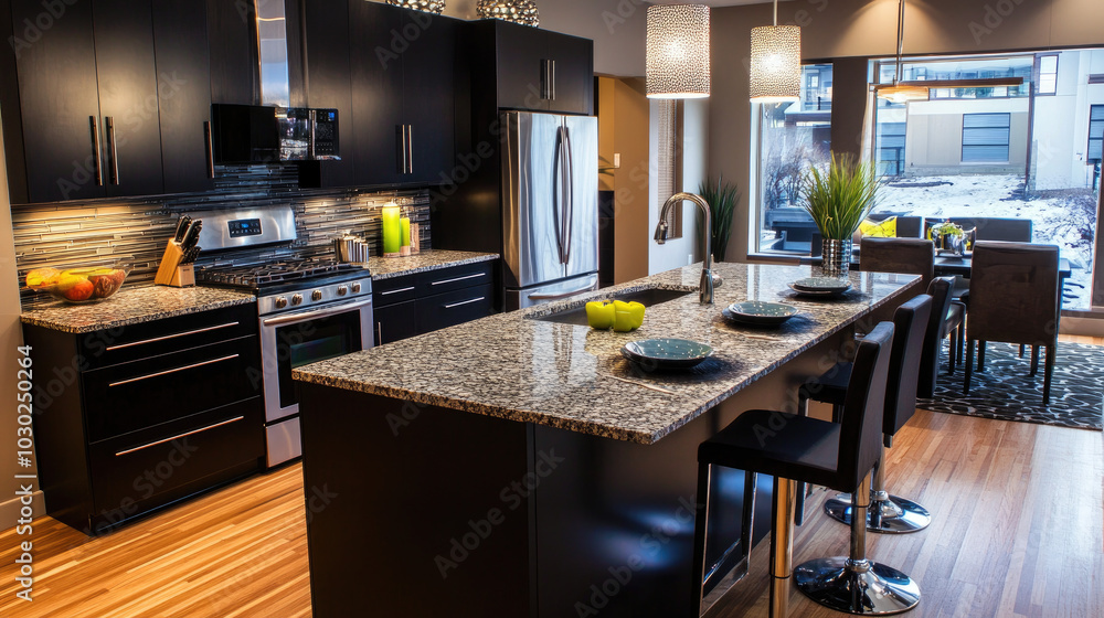 A new luxury kitchen showcasing a large island with granite countertops, hardwood flooring, and sleek black cabinetry, complemented by modern stainless steel appliances.