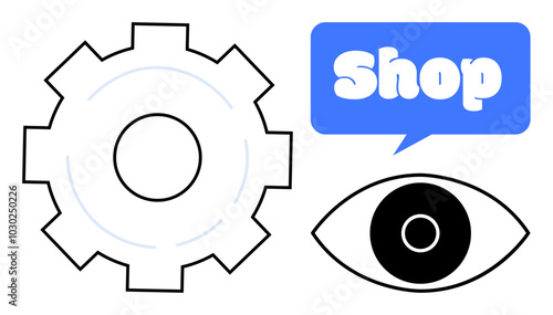 Gear, eye, and shop sign in vector art. Ideal for technology, e-commerce, surveillance, shopping, web development themes. Modern style. Blue, black, and white colours used