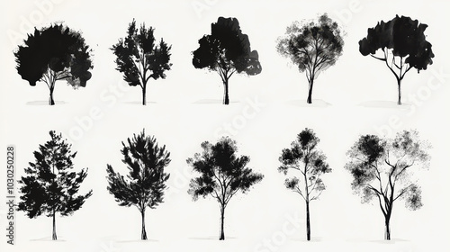 Trendy set of black silhouettes of trees on a white background, made with ink, rough brushstrokes. Generative AI