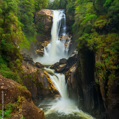 A tall, narrow waterfall fl...