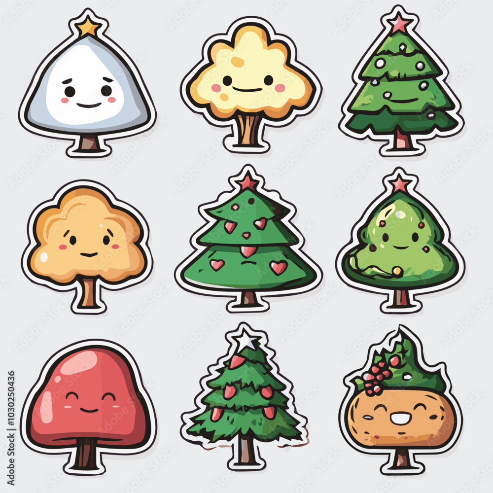 Fototapeta premium Vector sticker emoji set of Cartoon funny christmas tree
