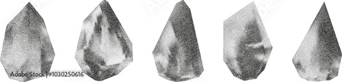 3D vector gradient geometric shapes with noise effect. Cube, cylinder, triangle, rhombus with grainy dot texture.