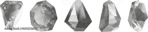 3D vector gradient geometric shapes with noise effect. Cube, cylinder, triangle, rhombus with grainy dot texture.