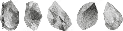 3D vector gradient geometric shapes with noise effect. Cube, cylinder, triangle, rhombus with grainy dot texture.