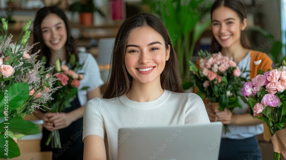 A young woman smiles brightly as she works on her laptop, surrounded by flowers in a flower shop. A young woman smiles brightly as she works on her laptop, surrounded by flowers in a flower shop.