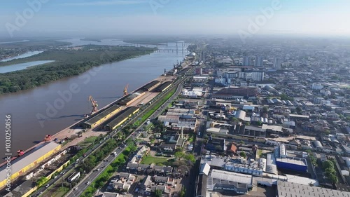 Porto Alegre Skyline At Porto Alegre In Rio Grande Do Sul Brazil. Jacui River Landscape. Freeway Road. Beautiful Sunny Day. Porto Alegre Skyline At Porto Alegre In Rio Grande Do Sul Brazil.  photo