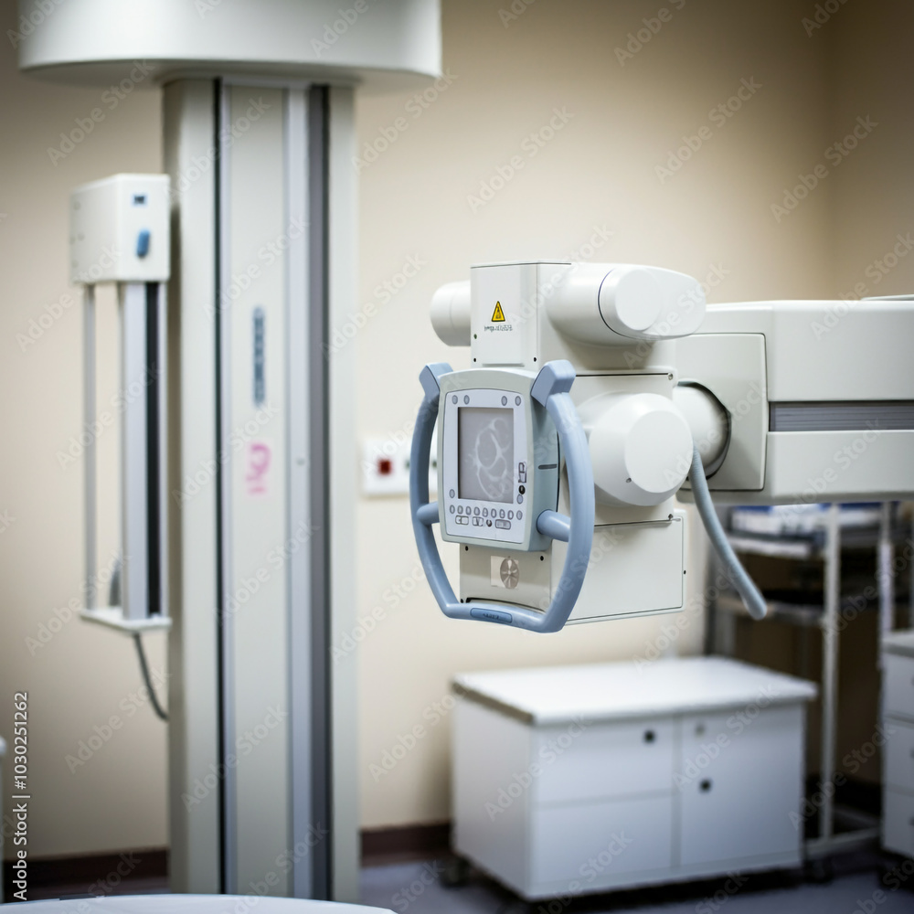 A modern X-ray machine in a clinical setting, featuring advanced technology for medical imaging A modern X-ray machine in a clinical setting, featuring advanced technology for medical imaging