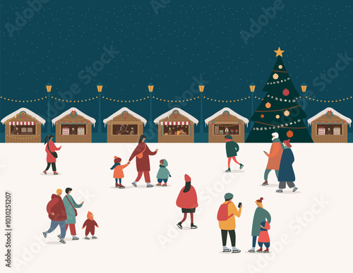 Christmas market at snowy night. Kiosks of gifts, food and hot drinks. Happy people having fun on the ice rink Banner or poster design with copy space. Flat vector illustration