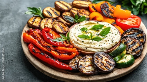 Vibrant platter showcasing an array of grilled vegetables including mushrooms peppers and eggplant