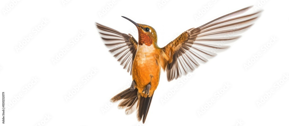 Obraz premium Hummingbird in Flight with Spread Wings Against White Background