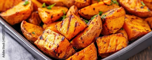 Grilled sweet potatoes with a delicious honey drizzle and chopped fresh herbs creating a savory and colorful autumn barbecue side dish The deep depth of field showcases the crispy