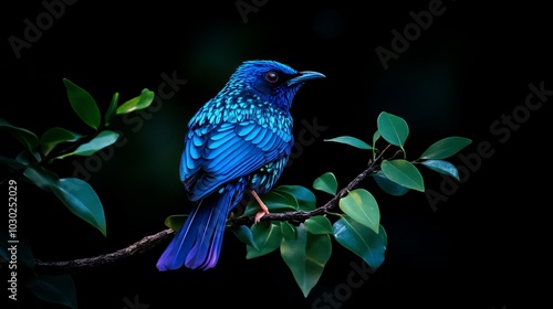 Asian fairy bluebird set against a green and black background. photo