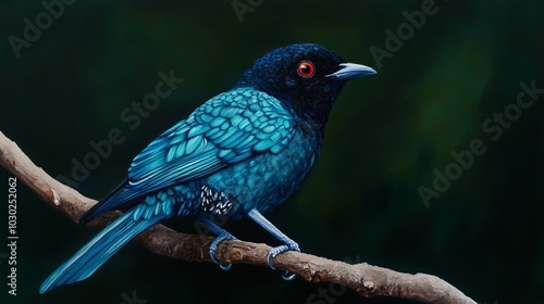 Asian fairy bluebird set against a green and black background. photo