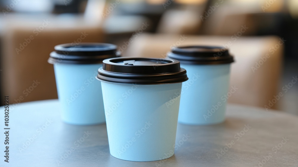 Three Blue Disposable Coffee Cups on a Table Three Blue Disposable Coffee Cups on a Table