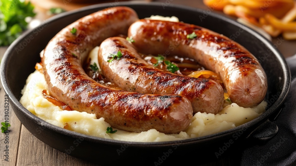 Fototapeta premium Delicious grilled pork sausages plated with creamy mashed potatoes and caramelized onions presented on a rustic wooden table setting