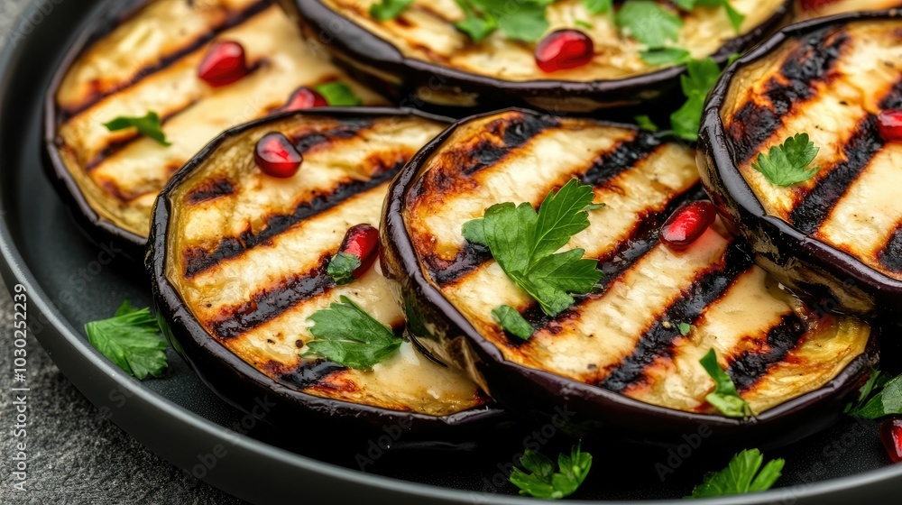 Grilled Eggplant Slices with Vibrant Tahini Sauce Drizzle and Fresh Pomegranate Seeds Flavorful and Healthy Middle Eastern Barbecue Dish on a Plate Grilled Eggplant Slices with Vibrant Tahini Sauce Drizzle and Fresh Pomegranate Seeds Flavorful and Healthy Middle Eastern Barbecue Dish on a Plate