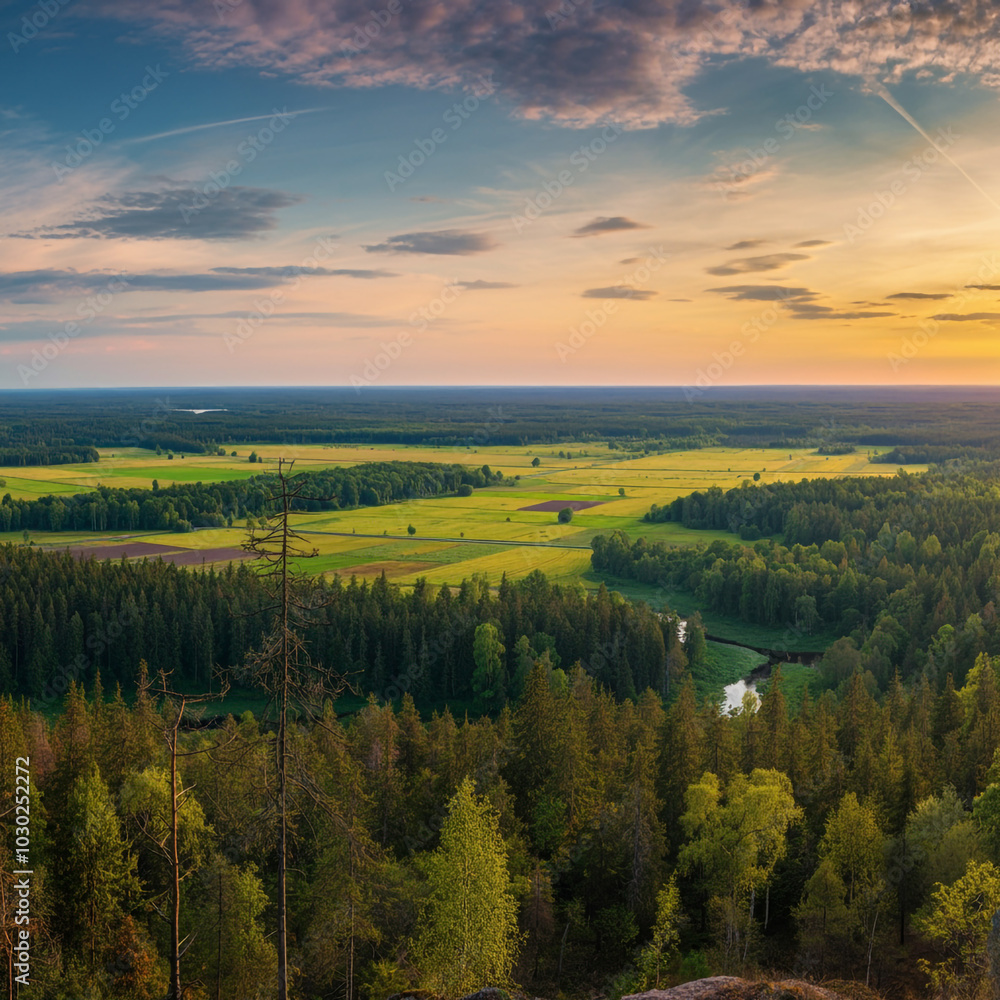 A breathtaking aerial view of green fields and forests bathed in golden sunset light, with a peaceful sky above A breathtaking aerial view of green fields and forests bathed in golden sunset light, with a peaceful sky above
