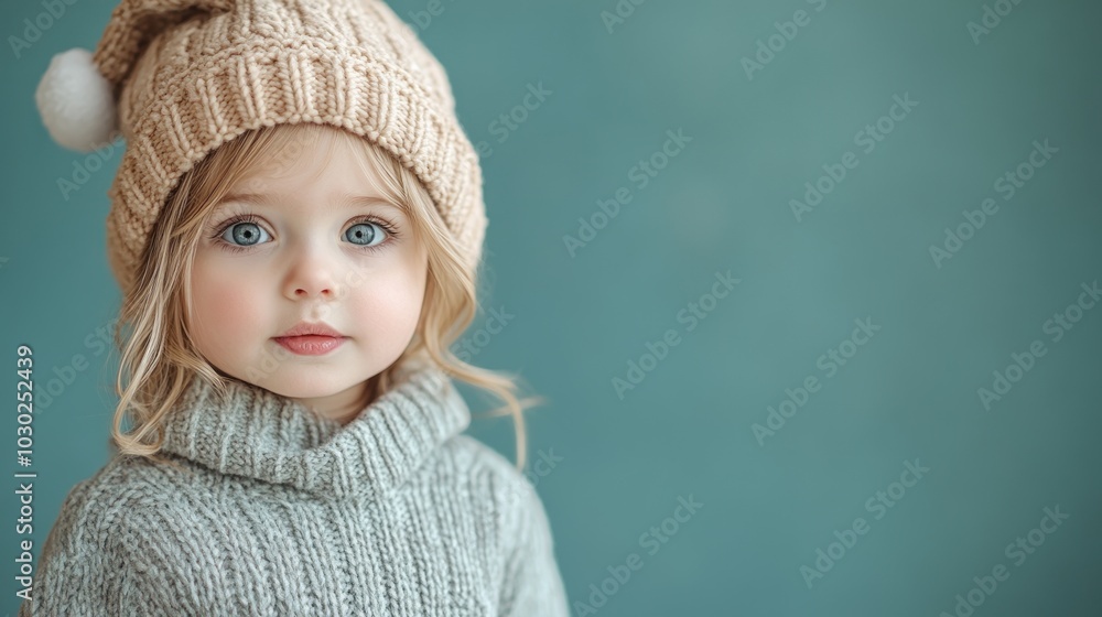 A young child with big eyes wearing a cozy sweater and hat. A young child with big eyes wearing a cozy sweater and hat.