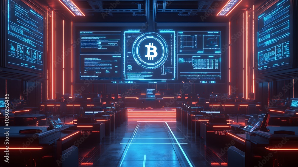 Obraz premium A futuristic courtroom trial focusing on cryptocurrency fraud, holographic evidence of blockchain transactions, bitcoin theft, and financial laws displayed mid-air,