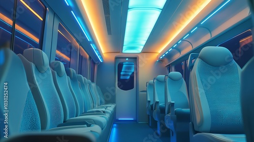 The cozy interior of a passenger bus featuring soft, custom-designed seats. The bus showcases personalized upholstery and various interior elements.