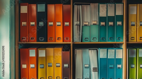 File archive folders stored in a cabinet in an office.