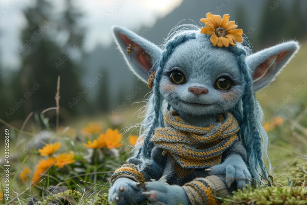 cute, fantasy creature with large ears and big eyes, adorned with flower on its head, sits in field of flowers. whimsical and enchanting, charm of mythical, animated character in nature cute, fantasy creature with large ears and big eyes, adorned with flower on its head, sits in field of flowers. whimsical and enchanting, charm of mythical, animated character in nature