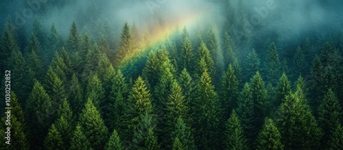 A misty forest with a rainbow peeking through the clouds.