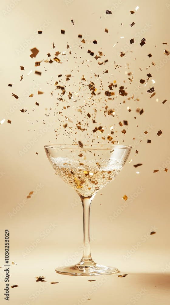 Gold glittering confetti exploding from champagne glass on light background, copy space, party invitation. Generative AI Gold glittering confetti exploding from champagne glass on light background, copy space, party invitation. Generative AI