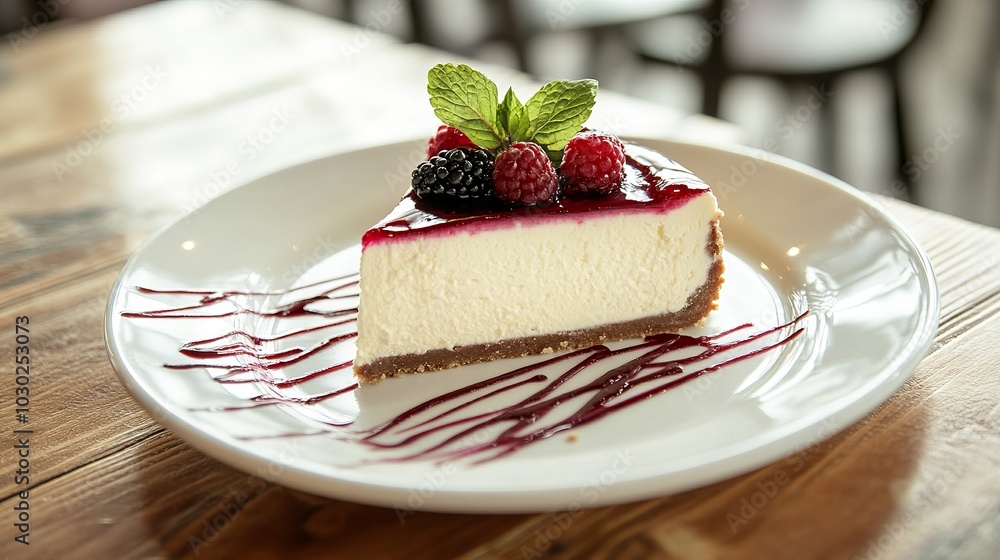 Traditional New York cheesecake topped with berry jam, served on a white plate on a wooden table. Traditional New York cheesecake topped with berry jam, served on a white plate on a wooden table.