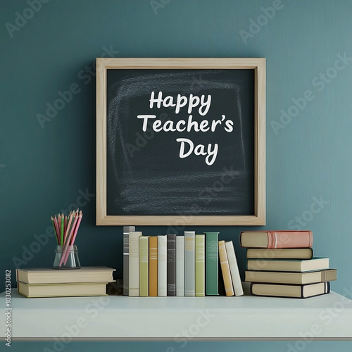 Happy Teacher's Day Blackboard with Books and Pencils on Wooden Desk