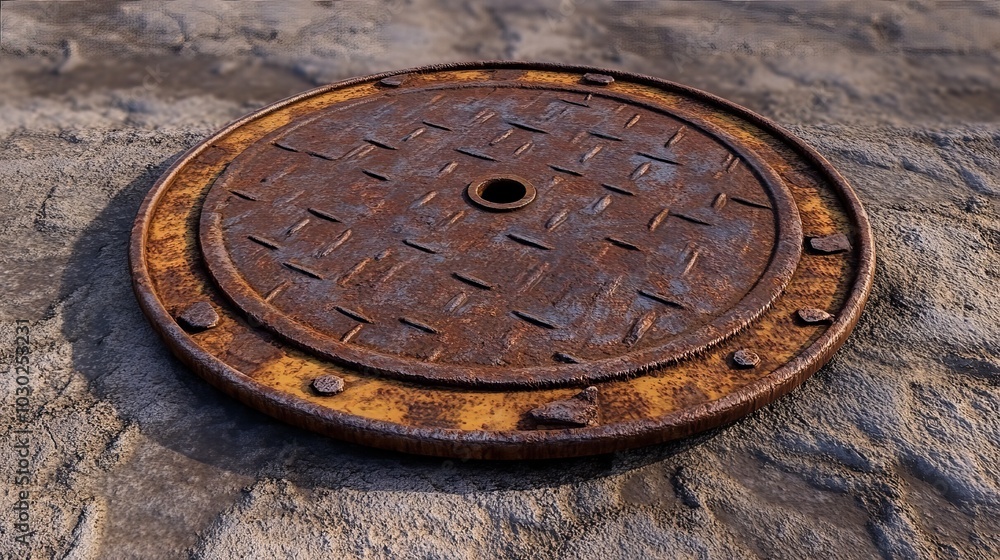 A rusty manhole cap with a grunge texture and a round edge. A rusty manhole cap with a grunge texture and a round edge.