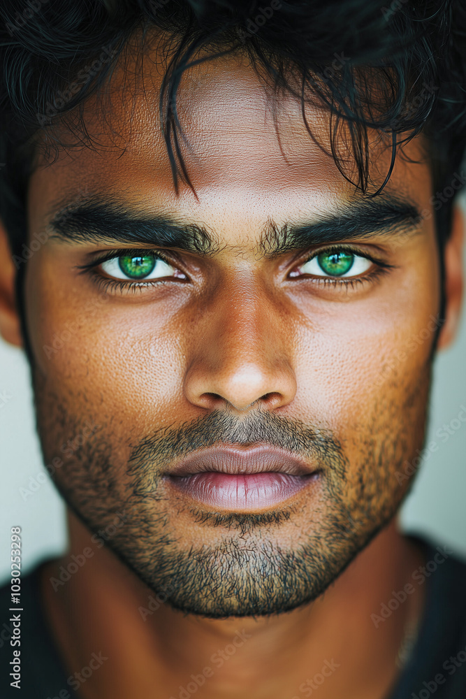 Portrait close up of a young and handsome Indian man with green eyes Portrait close up of a young and handsome Indian man with green eyes