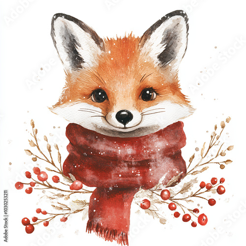 Cute watercolor Christmas fox isolated on a white background
 photo