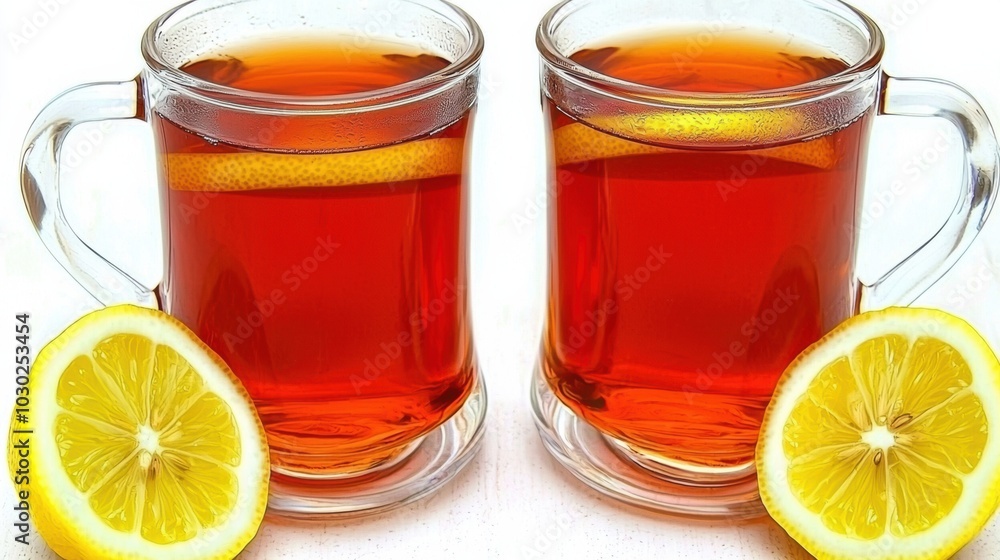 Refreshing Lemon Tea in Glass Mugs on Table Refreshing Lemon Tea in Glass Mugs on Table