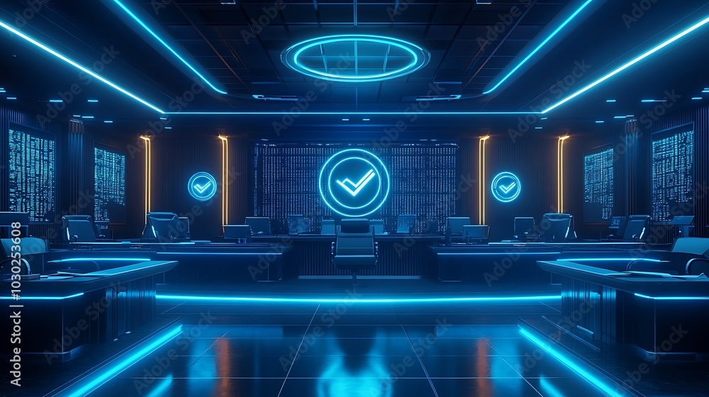 A futuristic courtroom with holographic evidence of digital intellectual property cases, virtual copyright logos hovering above glowing data streams, legal experts discussing infringement cases, A futuristic courtroom with holographic evidence of digital intellectual property cases, virtual copyright logos hovering above glowing data streams, legal experts discussing infringement cases,