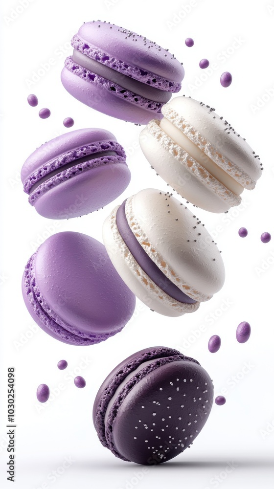 Fototapeta premium A delightful array of lavender and vanilla macarons suspended in mid-air, embellished with delicate sprinkles, creating a whimsical and elegant dessert presentation.