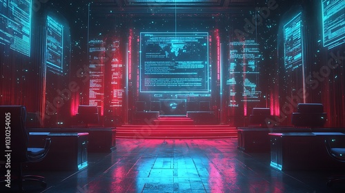 A futuristic digital courtroom, holographic legal documents outlining cybersecurity regulations, data breaches visualized as glowing red cracks in the background, AI-driven security systems in place,