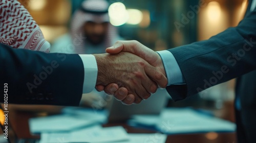 Two men, dressed in suits, shake hands at a table with paperwork in front of them. One of the men is wearing a white shirt and a white headscarf. photo