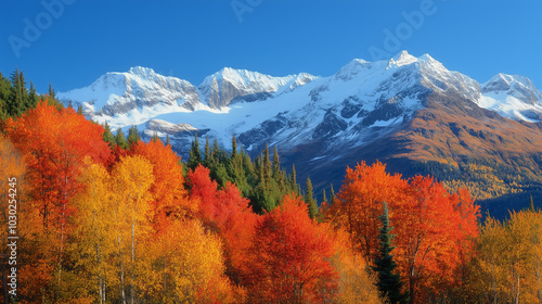 Alaskan landscape in autumn, vivid fall colors of orange, red, and yellow trees contrasting with snow-capped mountains in the background, cool blue sky