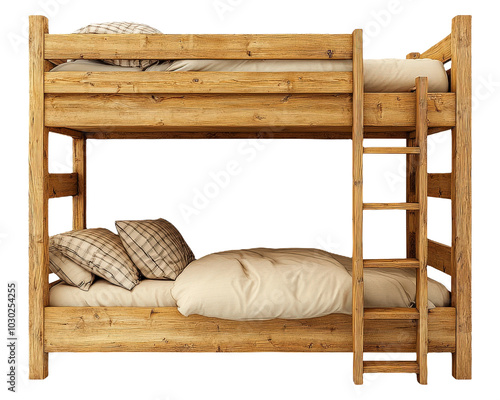 Rustic Wooden Bunk Bed with Ladder and Cozy Bedding.