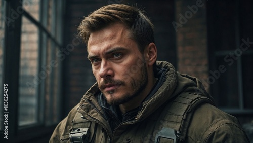 Man with short hair and a beard wearing a jacket, looking intently with a serious expression in an urban setting 