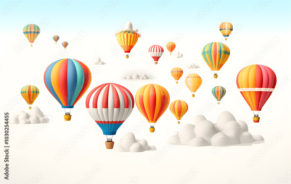 Naklejka premium A colorful hot air balloon flying in the sky with clouds in a vibrant summer scene, capturing the essence of adventure and fun in transportation