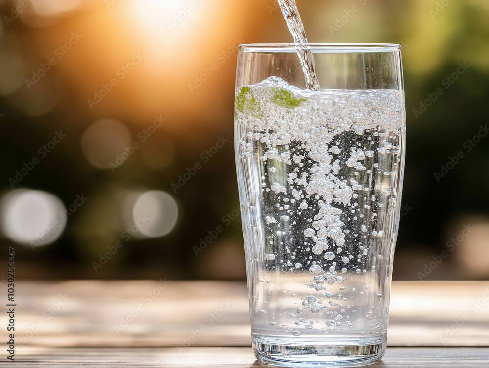 A glass of sparkling water being poured A glass of sparkling water being poured