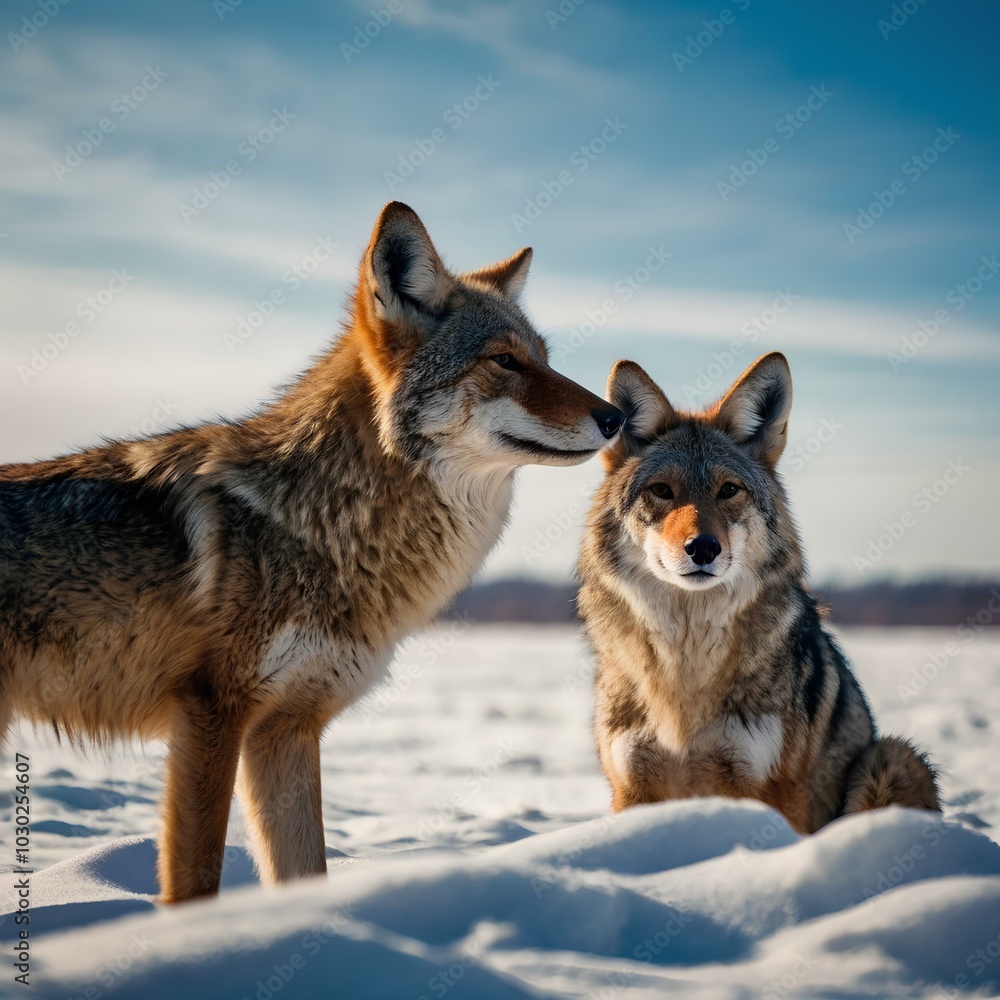Fototapeta premium Coyote pair against the blue winter sky. Animals in the wild.