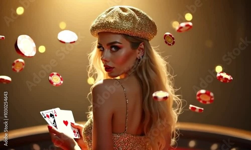 A smiling Woman blonde hair wearing a gold sequined dress and a sparkle in a Casino poker hide cards flying chips
