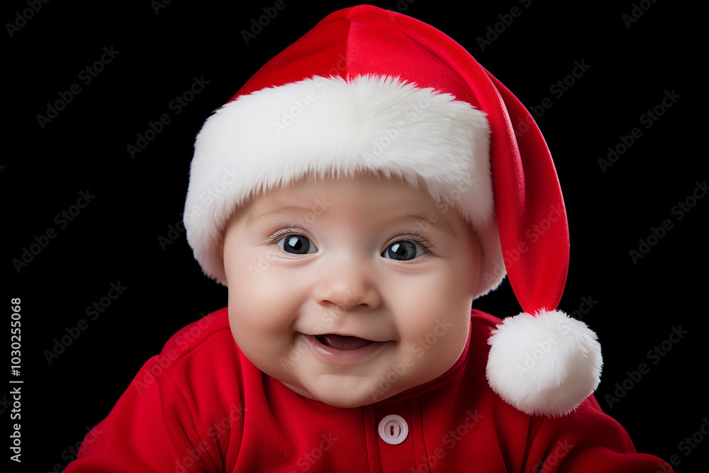 AI generated image of cute baby wearing red santa claus hat christmas tree bokeh lights dark background AI generated image of cute baby wearing red santa claus hat christmas tree bokeh lights dark background