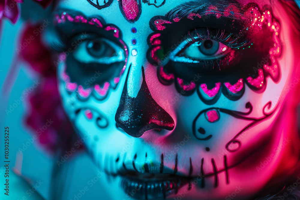 Traditional mexican day of dead celebration, people in costumes with face art paint make up, Generative AI Traditional mexican day of dead celebration, people in costumes with face art paint make up, Generative AI