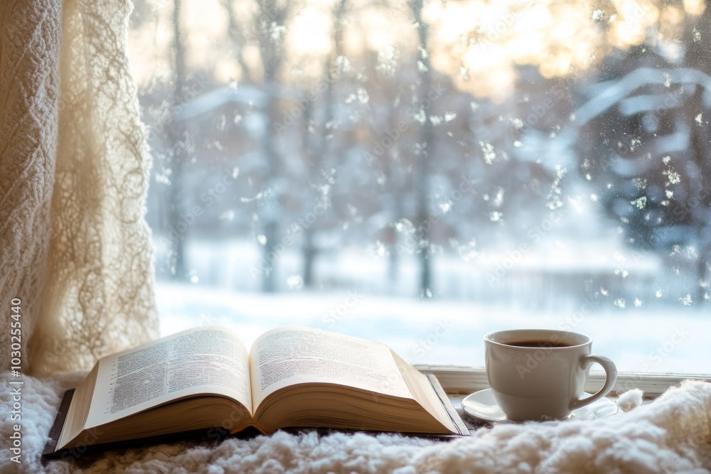 Cozy Winter Reading by the Window with Warm and Comforting Cup of Tea, Cocoa or Coffee. Idyllic scene with a book, hot steamed ceramic mug on a windowsill with a snowy landscape beyond. Christmas home Cozy Winter Reading by the Window with Warm and Comforting Cup of Tea, Cocoa or Coffee. Idyllic scene with a book, hot steamed ceramic mug on a windowsill with a snowy landscape beyond. Christmas home