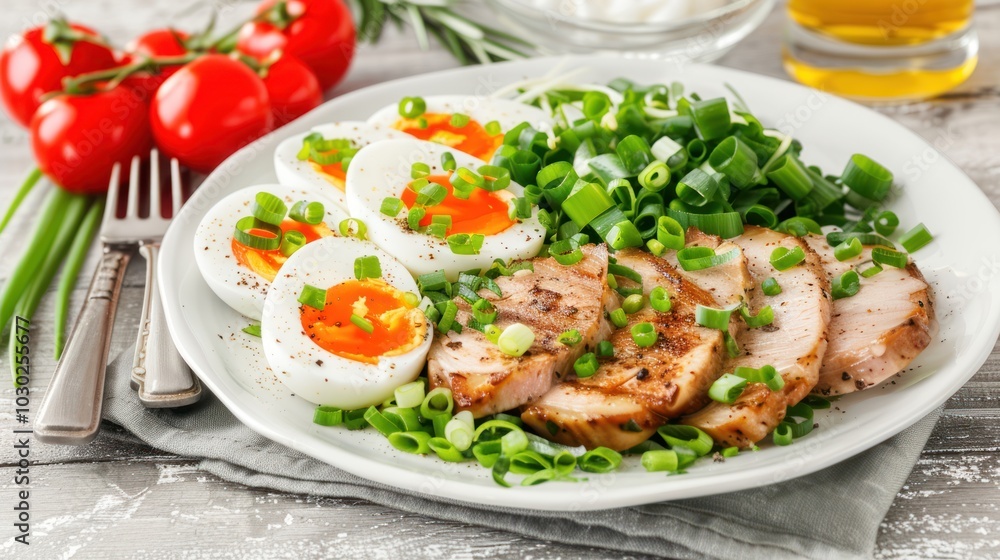 Grilled Chicken, Boiled Eggs, and Green Onions on a White Plate Grilled Chicken, Boiled Eggs, and Green Onions on a White Plate